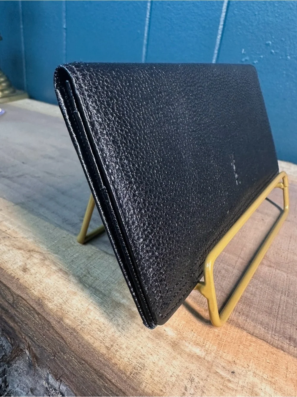 YSL Saint Laurent Monogram Black Leather Wallet Textured Grain Gold Logo Bifold